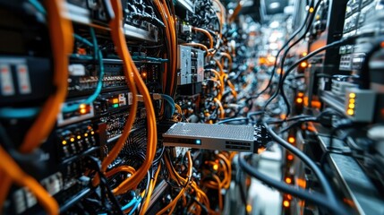 A dense of cables and connectors from various IoT devices leading into a central data hub with LED indicators showing data transfer activity in a wellorganized factory space.