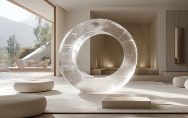 Minimalistic Transparent Glass Ring with Soft Light in Serene White Interior