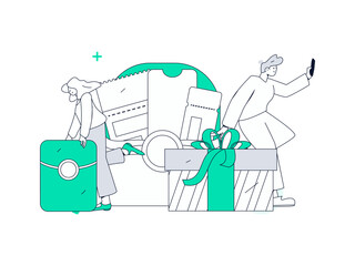 Holiday shopping people doing e-commerce online shopping flat vector concept operation hand drawn illustration
