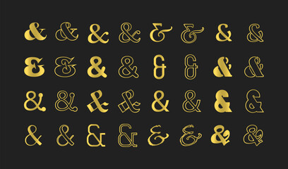 Golden like solid and line different isolated ampersand signs icons set design elements template on black background