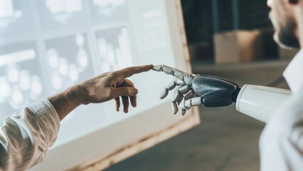 A close view of a human worker guiding a robot using hand gestures with visual cues projected in the air signifying advanced communication and collaboration technology.
