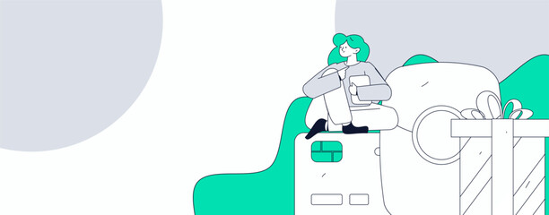 Holiday shopping people doing e-commerce online shopping flat vector concept operation hand drawn illustration
