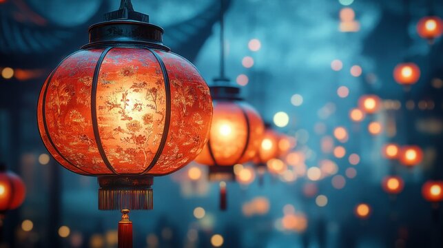 Japanese Lantern Festival Night Scene with Red Lanterns Dreamy Ambiance - Powered by Adobe