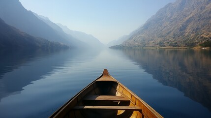 Obraz premium A wooden boat glides across a tranquil lake reflecting misty mountains at sunrise.