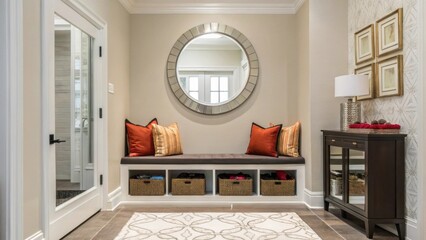 A refined entry space showcases a contemporary bench with a polished finish paired with vibrant accent pillows for a pop of color. A striking circular mirror floats above