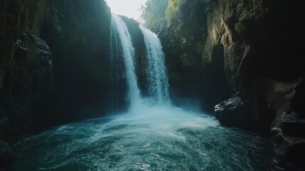 Serene Waterfall Cascading Through Dark Cave Rocks