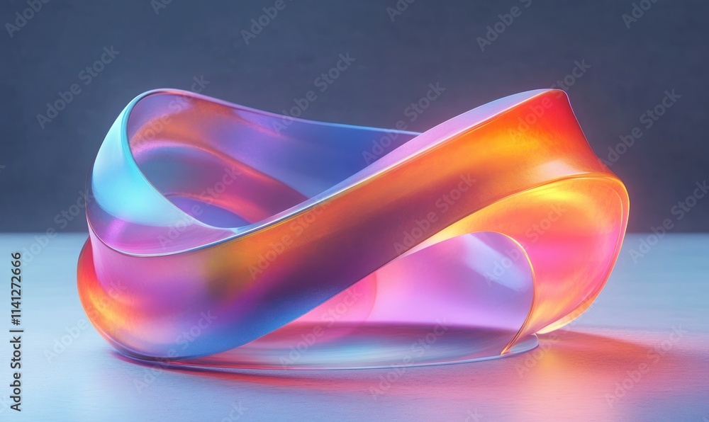 Poster iridescent abstract sculpture with curves and reflections in vibrant colors 3d render