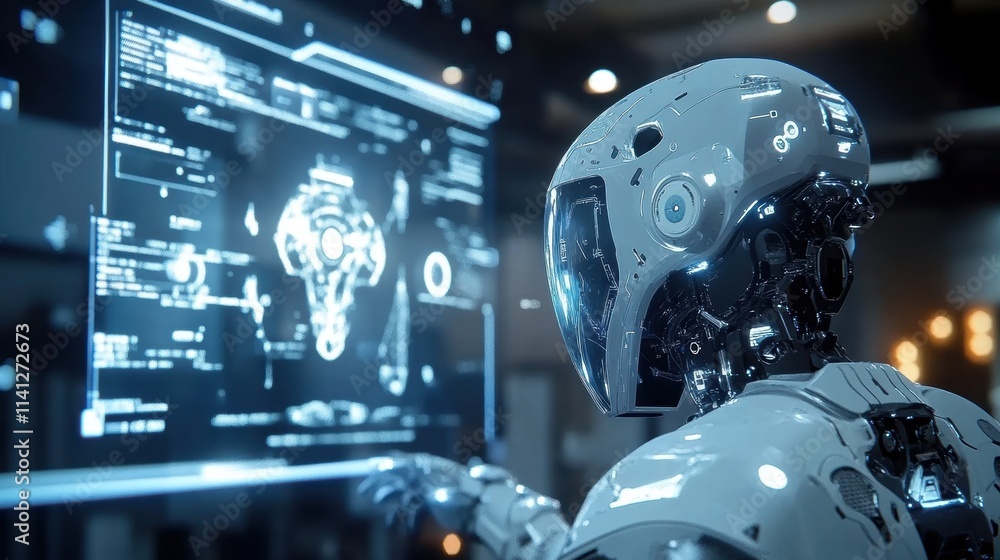 Poster an indepth look at a robotic welding arm in action with a headsup display projecting upcoming mainte