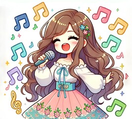 Cute Illustration of a Woman Singing with Music