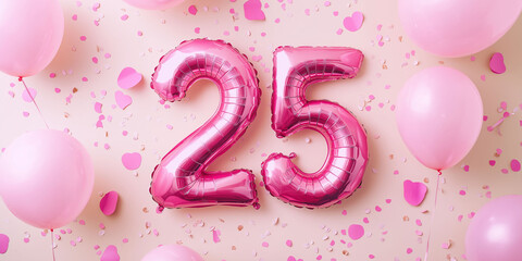 Pink metallic balloons in the shape of the number 25, surrounded by more balloons and confetti, pink background. Decorations for birthdays or anniversaries