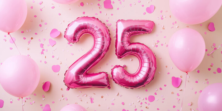 Pink metallic balloons in the shape of the number 25, surrounded by more balloons and confetti, pink background. Decorations for birthdays or anniversaries - Powered by Adobe