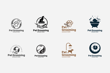 pet grooming icon, animal grooming salon, dog or cat paw, scissors with comb for groomer, flat symbol - editable stroke vector illustration