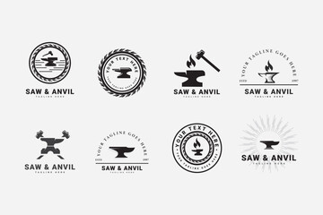 Set Blacksmith vintage logo. saw Ax hammer anvil icon, for blacksmithing, iron and metal work