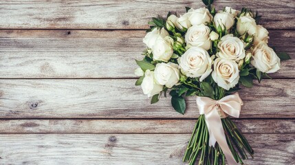Elegant White Rose Bouquet with Ribbon on Rustic Wooden Background Perfect for Celebrations, Weddings, Anniversaries, and Special Occasions