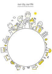 三世代ファミリーと都市の丸形フレーム　シンプルでお洒落な線画イラスト