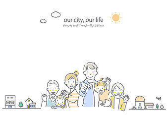 笑顔の三世代ファミリーのフレーム　シンプルでお洒落な線画イラスト