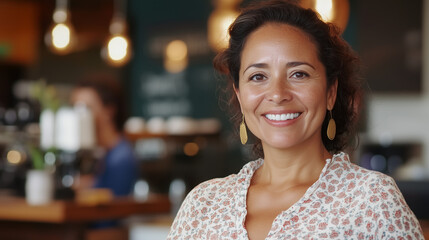 Portrait of a confident Hispanic woman owner of a bustling coffee shop, smiling warmly while engaging with customers. Perfect for business themes.