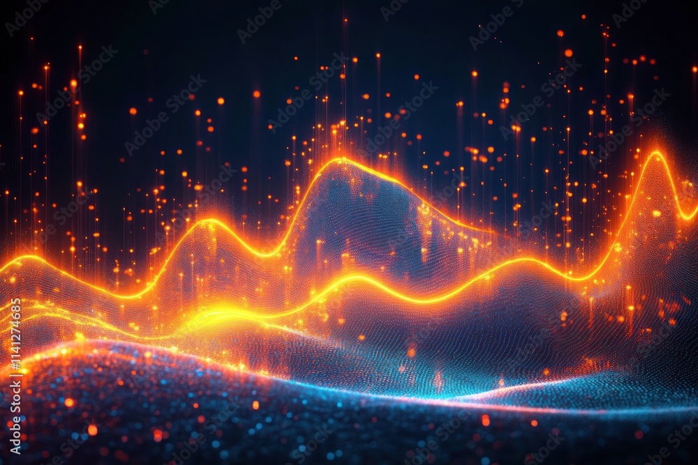 Poster cyberpunk neon soundwave visualization with glowing lines and dots on dark background