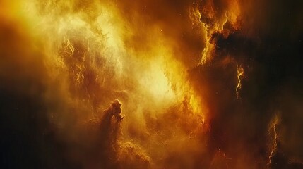 Fiery orange and yellow nebula cosmic clouds in outer space.
