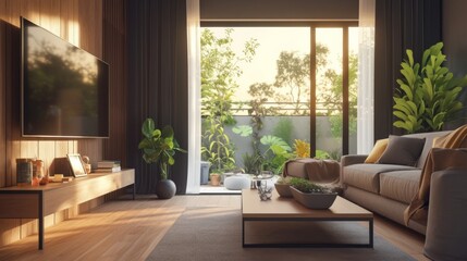 Fototapeta premium Elegant modern living room interior with a large TV screen and comfortable sofa. A perfect home entertainment concept in a 3D rendered design.