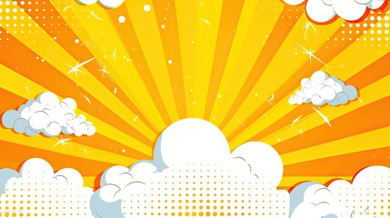 Bright comic-style sunburst with clouds, creating a cheerful atmosphere.