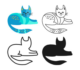 Cat symbol cartoon set. Abstract hand drawn comic kitten linear icon. Pet animal collection sign for card website app. Simple sign doodle or silhouette character cat. Vector isolated illustration art