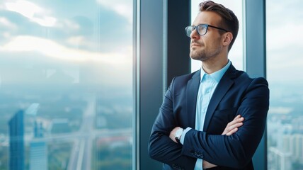 Fototapeta premium A thoughtful man in glasses stands confidently by a large window, gazing out at a cityscape, embodying professionalism and ambition.