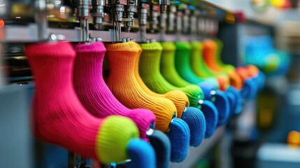 Colorful Soft Socks Displayed on a Sock Production Line in a Factory Setting, Showcasing Vibrant Hues and Fun Designs for Textile Manufacturing and Retail