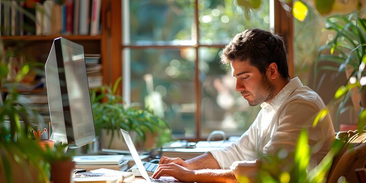 programmer working from home, large windows illuminate the room, he is working with a computer and a laptop. - Powered by Adobe