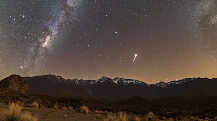 Fototapeta premium Milky Way galaxy shining over snow-capped mountains at night.