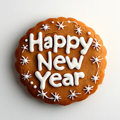 A round, golden-brown cookie decorated with white icing spells out "Happy New Year" and is adorned with snowflake designs.