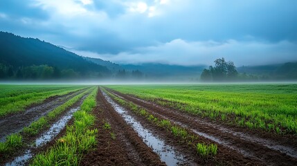 Misty morning over a lush green field with tire tracks in the mud.