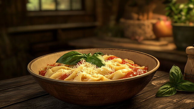 hearty bowl of pasta with marinara sauce, fresh basil, and grated parmesan
