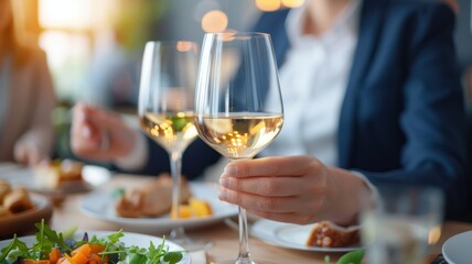 A close-up of two glasses of white wine held by a person, with a beautifully set table and delicious food in the background, creating an elegant dining atmosphere.