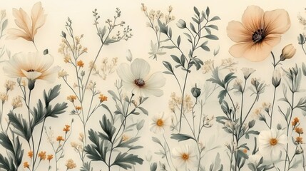 Vintage Botanical Illustration Seamless Pattern Background with Flowers and Leaves in Muted Pastel Colors