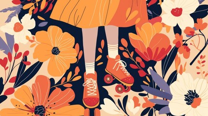 Fototapeta premium Floral greeting card with a cute modern trend illustration featuring bright flowers, plants, leaves, roller skates, hands, peony, and rose. Perfect for invitations, posters, cards, and flyers.