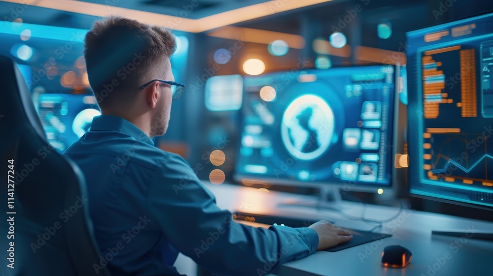 Poster a focused individual analyzes data on multiple screens in a high-tech environment, showcasing modern