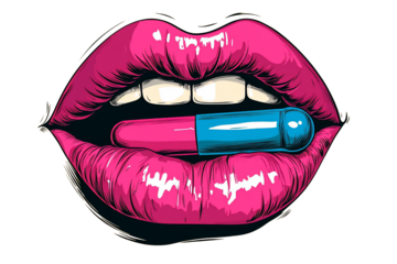 Playful Cartoon Lips Biting a Colorful Pill