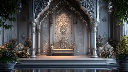 Elegant Silver Throne Room with Ornate Details and Lush Greenery