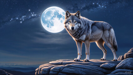 A majestic gray wolf stands atop a rocky outcropping, its piercing yellow eyes fixed intently on the full moon suspended in the vast, star-studded night sky