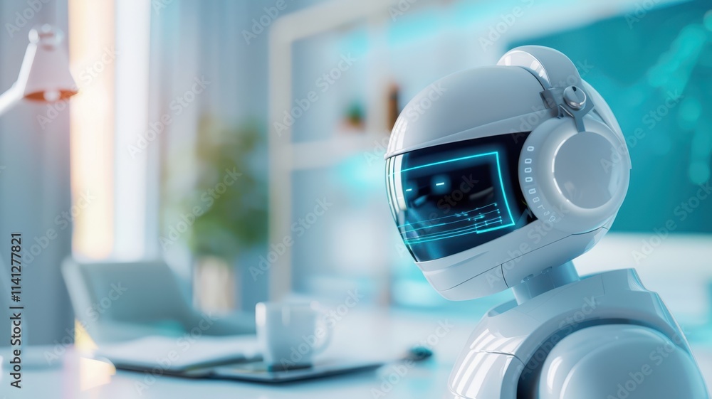 Poster a futuristic robot with a sleek design and digital display sits in an office environment, surrounded