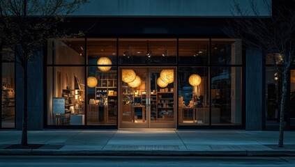 Nighttime Storefront with Warm Lighting