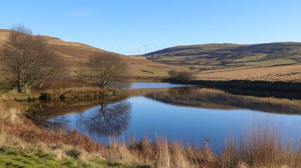 Tranquil Morning at a Scenic Lake Surrounded by Rolling Hills and Wind Turbines Under a Clear Blue Sky