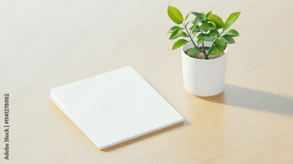Poster a minimalistic workspace with a notebook and a potted plant.