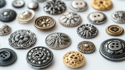 Obraz premium Close-Up of Vintage Decorative Buttons in Various Shapes and Textures Arranged Artistically on a White Surface for Craft Projects and Fashion Design Inspirations