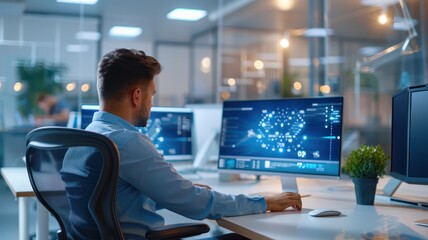 A man works at a computer in a modern office, analyzing digital data and visualizations on multiple screens.