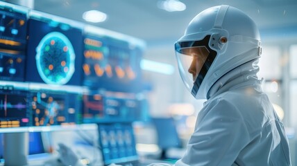 An astronaut in a high-tech control room monitors advanced screens displaying data and graphics related to space exploration.