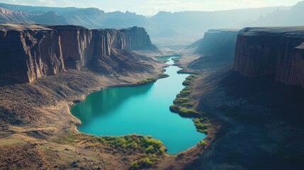 Naklejka premium Breathtaking Aerial View of Serene River Surrounded by Majestic Cliffs and Lush Green Vegetation in an Arid Landscape at Sunrise