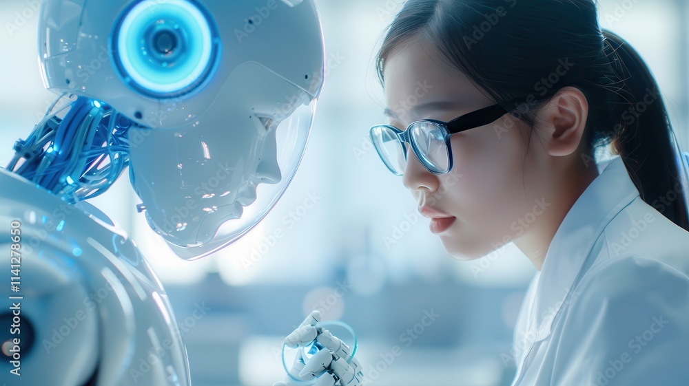 Poster a scientist interacts with a humanoid robot in a futuristic lab, showcasing the integration of techn