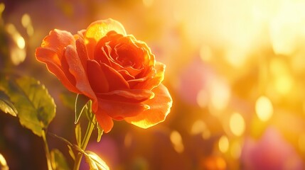 Obraz premium Beautiful orange rose blooming in a sunlit garden, showcasing delicate petals and vibrant colors, surrounded by a warm, glowing background of soft floral hues